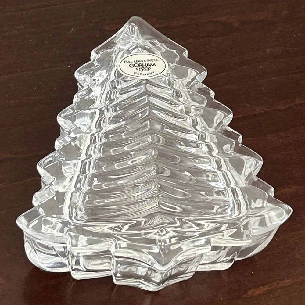 VINTAGE-Gorham Crystal Glass Trinket Box-Christmas Tree Design with Lid-4 Inches